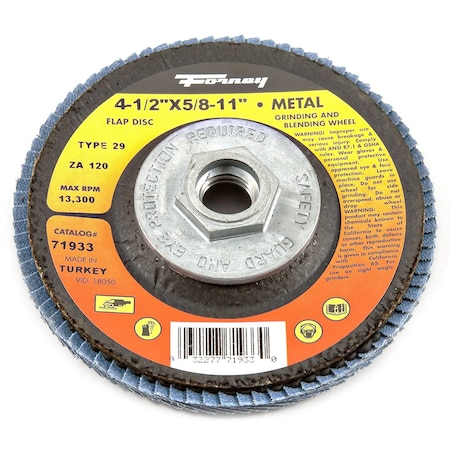 Forney Flap Disc, Type 29, 4-1/2 in x 5/8 in-11, ZA120 71933